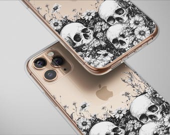 Clear Gothic Wildflower Skulls Botanical Art Phone Case Cover for iPhone 17 Pro Max 16 15 Plus 14 17e Mini Samsung S26 S25 Pixel 10 9 7894