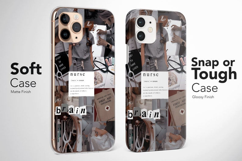 Pode incluir: Duas capas transparentes para telem&oacute;vel com uma colagem de imagens relacionadas com enfermagem. A capa da esquerda tem um acabamento fosco e a capa da direita tem um acabamento brilhante. A colagem inclui imagens de um estetoscopio, um c&eacute;rebro, um livro de texto de primeiros socorros e um uniforme de enfermeira. O texto "enfermeira" &eacute; definido como "uma pessoa, gentil, atenciosa, profissional qualificada que se concentra nas necessidades dos outros". O texto "c&eacute;rebro" est&aacute; em letras grandes.