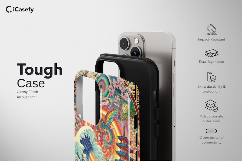 K&ouml;nnte beinhalten: Schwarze Handyh&uuml;lle mit farbenfrohem japanisch inspiriertem Design, das eine Welle, einen Drachen und Pagoden zeigt. Die H&uuml;lle ist als "Tough Case" mit gl&auml;nzendem Finish und All-Over-Print gekennzeichnet. Sto&szlig;fest und mit doppelter Schicht.