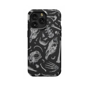 May include: Black phone case with a white and gray skeletal pattern. The pattern includes skulls, bones, and ribs.