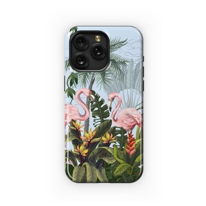 May include: A phone case with a tropical design featuring pink flamingos, lush green foliage, and vibrant flowers. The case has a light blue background and a black border.