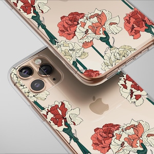 Clear Vintage Carnation Noir Botanical Art Phone Case Cover for iPhone 17 Pro Max 16 15 Plus 14 13 Mini Samsung S25 S24 Pixel 10 9 7016