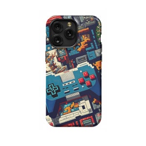 Puede incluir: Una funda para teléfono azul, roja y amarilla con un diseño pixelado de un mando de videojuegos y otros elementos de juegos retro.