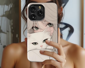 Portrait Blonde Girl with White Cat Animal Phone Case For iPhone 17 Pro Max 16 15 Plus 13 12 Mini 11 XR XS X 8 SE Samsung S26 S25 1776