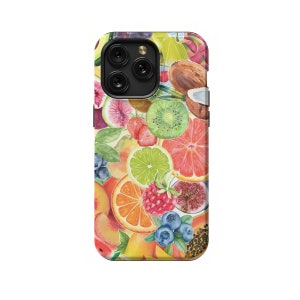 May include: A colorful phone case with a watercolor design of various fruits, including kiwi, oranges, lemons, and berries.