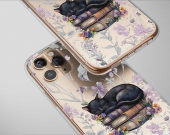 Clear Sleeping Black Cat on Books Whimsical Floral Art Phone Case Cover for iPhone 17 Pro Max 16 15 17e Samsung S26 S25 Pixel 9368