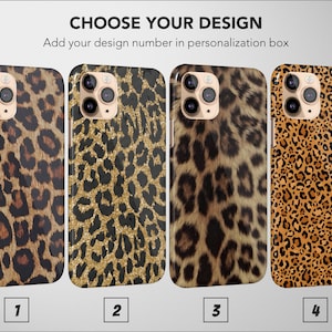 May include: Four different iPhone cases with leopard print designs. The cases are all black with a gold trim. The first case has a brown and black leopard print, the second case has a gold glitter leopard print, the third case has a brown and black fur leopard print, and the fourth case has a brown and orange leopard print.