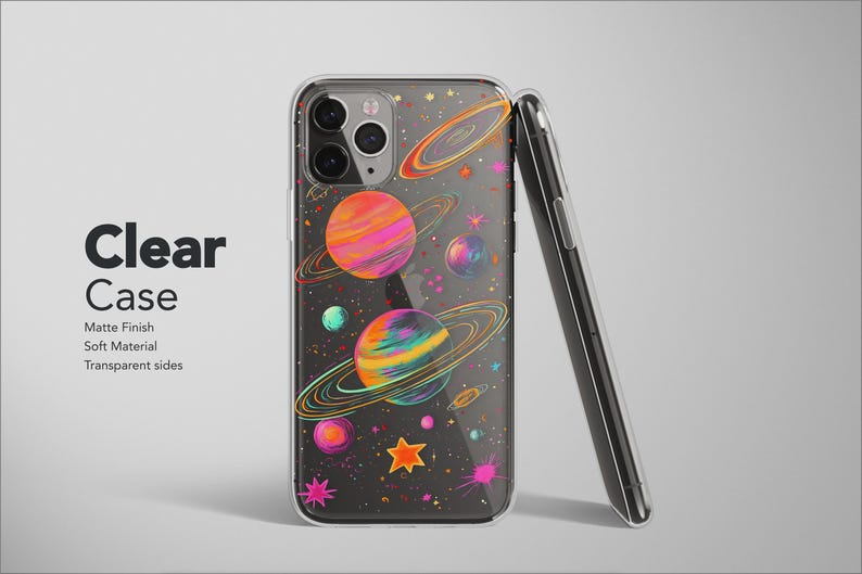 May include: Clear phone case with a colorful space-themed design. The case features planets with rings, stars, and a matte finish. The text "Clear Case" is displayed on the left side of the image.