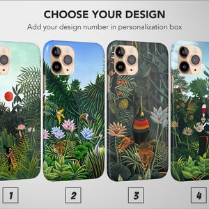 May include: Four different phone case designs featuring a jungle scene with vibrant colors and tropical plants. The designs include a toucan, a tiger, a monkey, and a red sun.