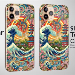 K&ouml;nnte beinhalten: Zwei Handyh&uuml;llen mit einem japanisch inspirierten Design, das eine gro&szlig;e Welle, eine Pagode und einen bunten Drachen zeigt. Die H&uuml;llen sind mit "Clear Case" mit mattem Finish und "Slim or Tough Case" mit gl&auml;nzendem Finish beschriftet.