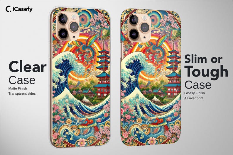 K&ouml;nnte beinhalten: Zwei Handyh&uuml;llen mit einem japanisch inspirierten Design, das eine gro&szlig;e Welle, eine Pagode und einen bunten Drachen zeigt. Die H&uuml;llen sind mit "Clear Case" mit mattem Finish und "Slim or Tough Case" mit gl&auml;nzendem Finish beschriftet.