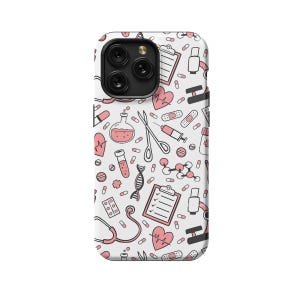 May include: White iPhone case with a pink and black pattern of medical symbols, including a stethoscope, a heart, a syringe, a pill, a test tube, a DNA strand, a clipboard, and a microscope.