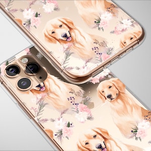 May include: A clear phone case with a floral design and a pattern of golden retriever dogs. The case has a cutout for the camera lens.
