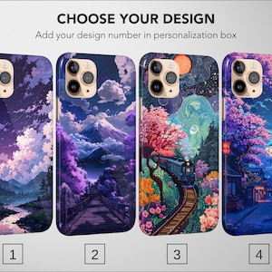 以下が含まれることがあります： 風景デザインの4つの携帯電話ケース。ケースには、山、川、電車のイラストが描かれています。「CHOOSE YOUR DESIGN」と「Add your design number in personalization box」の文字が見えます。