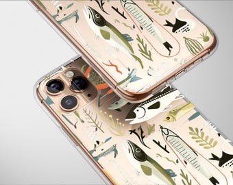Clear Fishing Trip Pattern Phone Case Cover for iPhone 16 Pro Max 16e 15 Plus 13 12 Mini 11 Samsung S25 S24 S23 Google Pixel 9