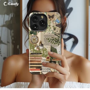 May include: A phone case with a collage design featuring a clock, a rabbit, a butterfly, and a book with the title "A Tale of Two Cities". The case has a green, brown, and white color scheme.