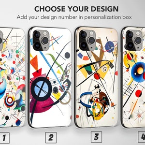 May include: Four different abstract art designs for an iPhone case. The designs feature a white background with colorful geometric shapes, lines, and circles. The designs are numbered 1 through 4.