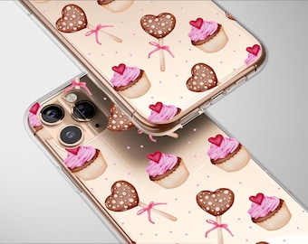 Clear Pink Cupcake Heart Phone Case Lollipop Cover for iPhone 16 Pro Max 16e 15 Plus 13 12 Mini 11 SE Samsung S25 S24 Pixel 9 8