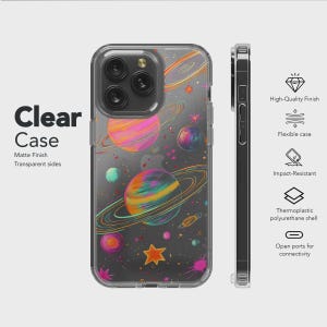 May include: Clear phone case with a colorful space-themed design featuring planets, stars, and rings. The case has a matte finish and transparent sides. The image also shows the case's features: high-quality finish, flexible, impact-resistant, thermoplastic polyurethane shell, and open ports.