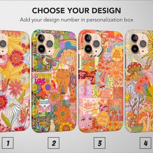 May include: Four different phone case designs featuring a psychedelic, retro 70s aesthetic with bright colors, flowers, and peace signs. The designs include a peace sign with the words "Peace Love", a sun with rays, a collage of various images, and a mushroom with a butterfly.