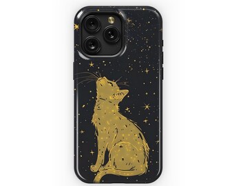 Celestial Golden Cat Night Stars For iPhone 17 Pro Max 16 15 Plus 13 12 Mini 11 XR XS X 8 SE Samsung S26 S25 Pixel 9 8 Fe 3636