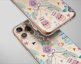 Clear Cozy Winter Mitten Floral Collage Phone Case Cover for iPhone 17 Pro Max 16 15 Plus 14 17e Mini Samsung S26 S25 Google Pixel 10 9 8784