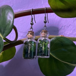 May include: A pair of earrings featuring small glass bottles filled with green moss and cork stoppers. The bottles are suspended from silver hooks.