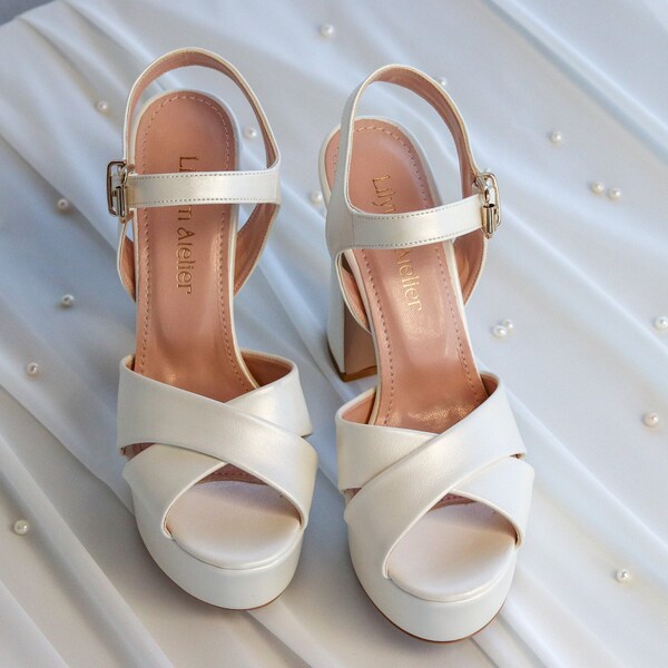 White Leather Bridal Shoes - Comfortable Wedding Shoes - High Heels Platform Wedding Shoes -  Chic Basic Minimalist High Quality Ivory