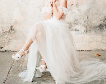 White Leather Bridal Shoes - Comfortable Wedding Shoes - High Heels Platform Wedding Shoes -  Chic Basic Minimalist High Quality Ivory