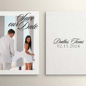 May include: Save the date card with a photo of a couple in white clothing. The text on the card says "Save our Date" and "Dallas, Texas 02.11.2024".