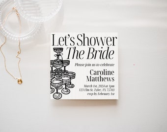 Champagne Tower Bridal Shower Invitation Template, Editable Modern Bridal Shower Invite, Trendy, Instant Download, Square Invite