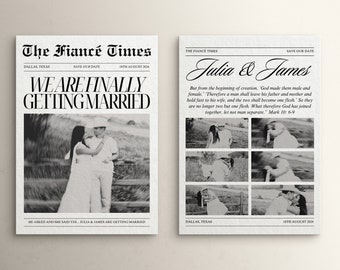Newspaper Wedding Save the Date, Editable Template, Minimal Wedding Newspaper, Digital Download Newspaper for Wedding Save the Date