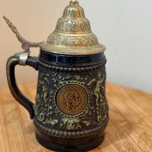 Vintage German Beer Stein with Ornate Metal Lid-Decorative Ceramic Mug-Traditional Tavern Style Stein-Collectible Barware
