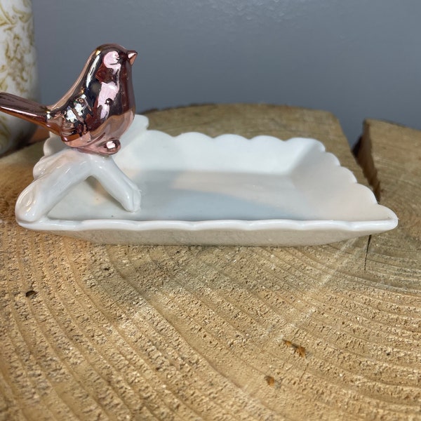 Vintage Rose Gold Bird Perched on White Scallop Tray