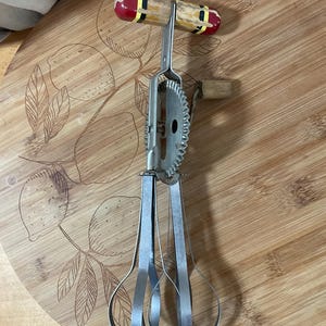 Vintage Hand Crank Egg Beater-Red Wooden Handle Mixer - Rustic Farmhouse Kitchen Tool
