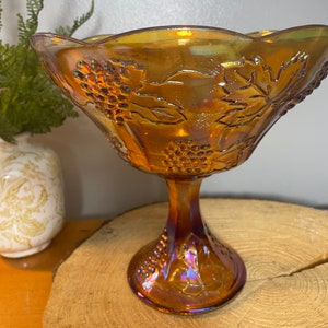 Indiana Glass Amber Carnival Glass Harvest Grape Pedestal Compote