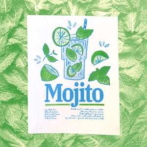 Mojito Cocktail Poster | Original Riso Illustration | 8.5x11 | Bar Art | Tiki | Colorful | MCM