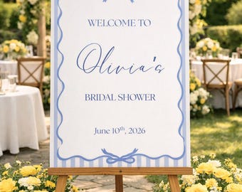 Letrero de bienvenida para despedida de soltera con rayas azules / Editable y personalizable para bodas, compromisos, baby showers y fiestas.