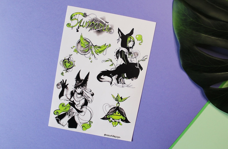 May include: A set of five black and green illustrations on a white background. The illustrations include a wolf-like creature with a hood, a woman with a wolf-like mask, a heart with wings, a plant with a flower, and a frog-like creature. The text "Summer" is written in black at the top of the sheet. The text "@moat.design" is written in black at the bottom of the sheet.