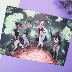 May include: Four figures in a circle, dancing in a green and brown forest setting. The figures are dressed in various styles, including a witch's hat, a green dress, a red top, and a white dress. The figures are surrounded by green and brown foliage and mushrooms.