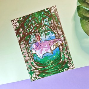 May include: A whimsical illustration of a bed floating in a forest. The bed is decorated with a pink and white floral pattern and has a gold metal frame. A woman with red hair is lying in the bed, looking up at the sky. The forest is lush and green, with trees and vines growing all around the bed.