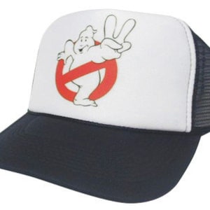 May include: A white and black trucker hat with a red 'no ghost' symbol and a cartoon ghost with a peace sign.