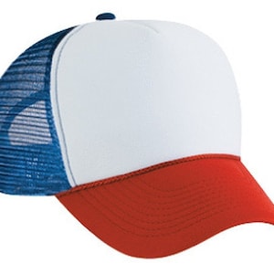 May include: A white and red trucker hat with a blue mesh back. The hat has a curved brim and a flat crown.
