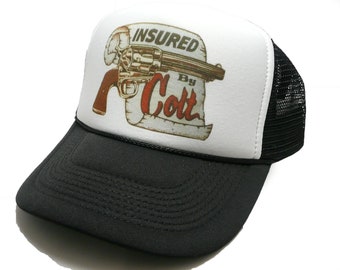 Insured By Colt Trucker Hat Mesh Hat Vintage Snapback Hat Black