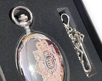 RLC Engraved Pocket Watch: Royal Logistics Corps, Silver Full Hunter with Albert Chain