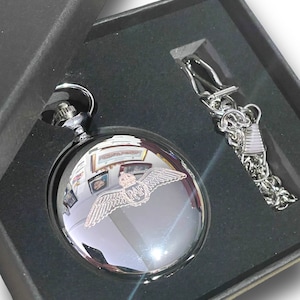 RAF Engraved Pocket Watch: Silver Full Hunter, Albert Chain