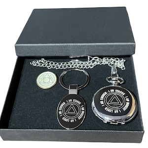 Sobriety Gift Set NA AA Recovery Addiction Sobriety Pocket Watch Sobriety Keyring Keychain Sober Pin Badge Sobriety Badge Motivational Gifts