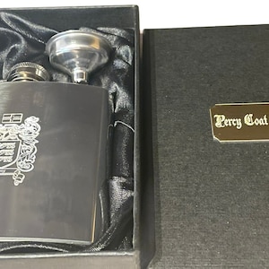 Coat Of Arms Customised Hip Flask Engraved Family Crest Your Family Name Heritage COA Family History Polished 6oz Hip Flask Personalised