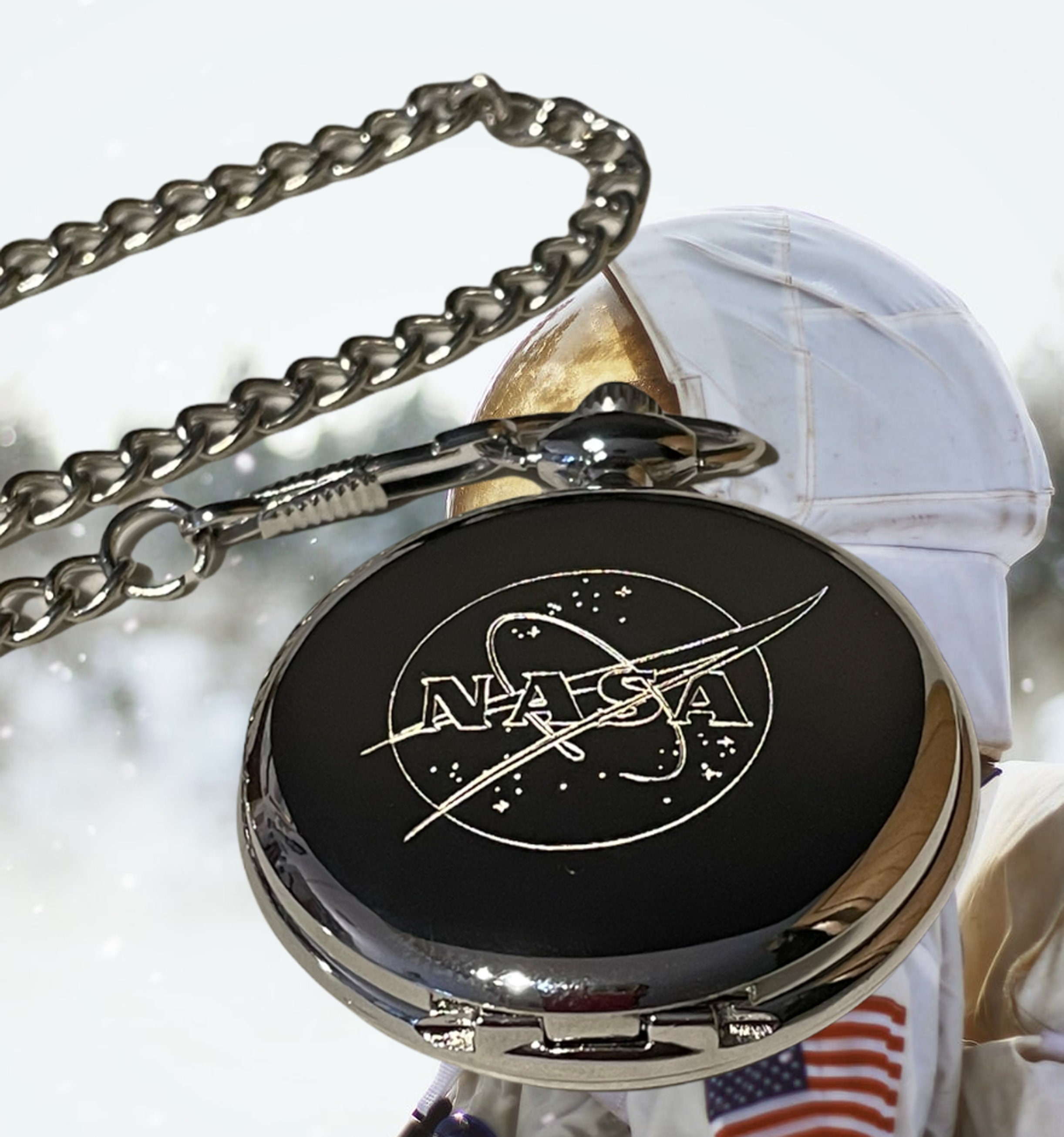 Engraved NASA Pocket Watch: Silver Space Exploration Gift