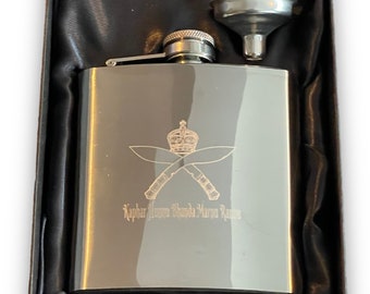 Gurkha Military Badge Stainless Steel Hip Flask: 6oz Engraved Gift